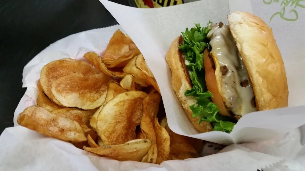Mushroom Swiss Burger and House Made Chips